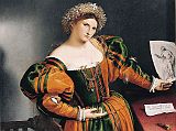 London National Gallery Next 20 07 Lorenzo Lotto - Portrait of a Lady with a Drawing of Lucretia Lorenzo Lotto - Portrait of a Lady with a Drawing of Lucretia 1530-33, 96 x 110 cm. Dressed in an elaborate and softly painted costume of gleaming green and orange, the lady directs attention to a drawing held in her left hand. This shows her Roman namesake, Lucretia, about to stab herself after she had been raped. The event is supposed to have precipitated the collapse of the Etruscan royal line (510 BC) and thus led to the founding of the Roman Republic. The portrait, while displaying the beauty of the sitter, also proclaims her virtue, as underlined by the Latin inscription on the paper on the table: 